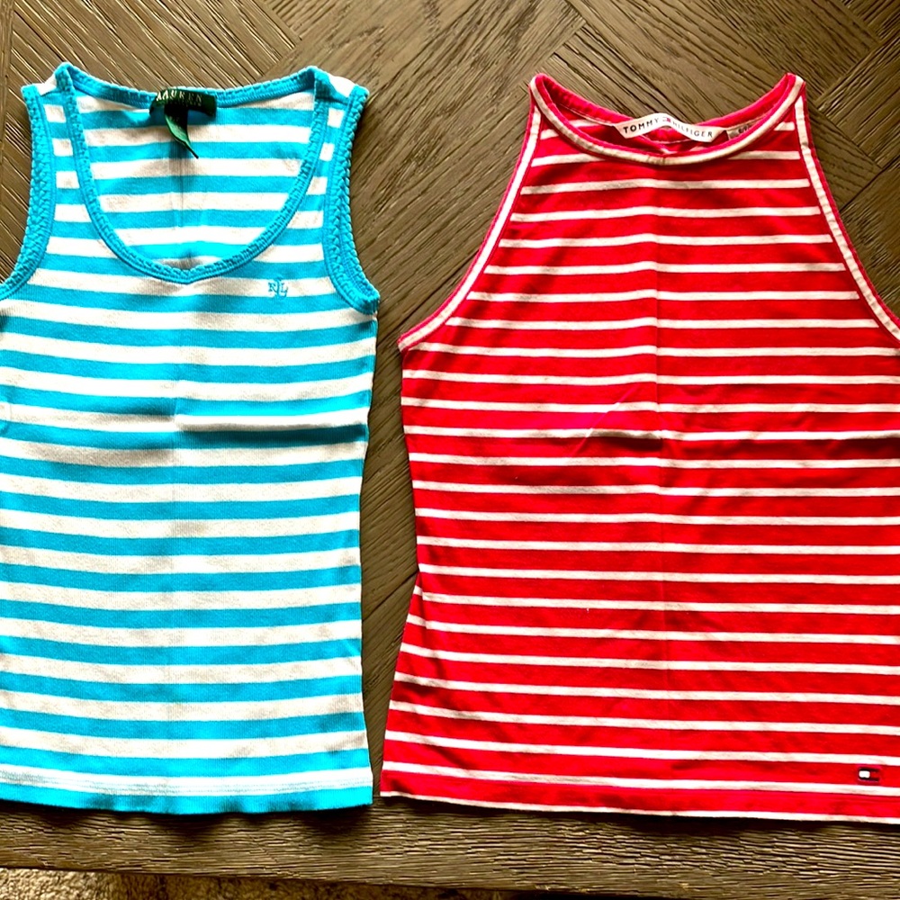 TWO tank tops- Ralph Lauren turquoise stripe and Tommy Hifiger red stripe tops